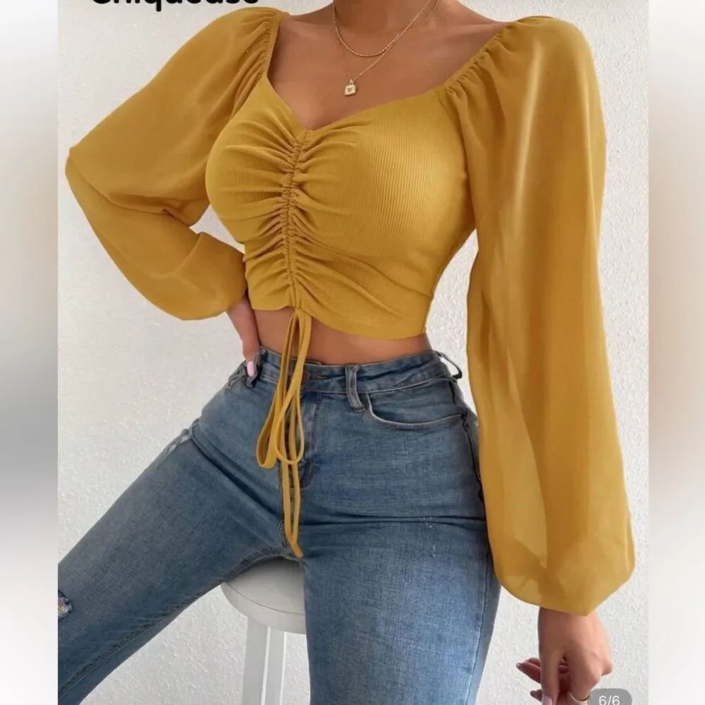 Mustard Yellow Ruched Crop Top - Picture 4 of 4